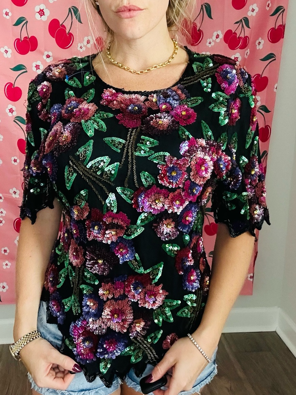 Laurence Kazar Black Sequin Floral Short Sleeve Top